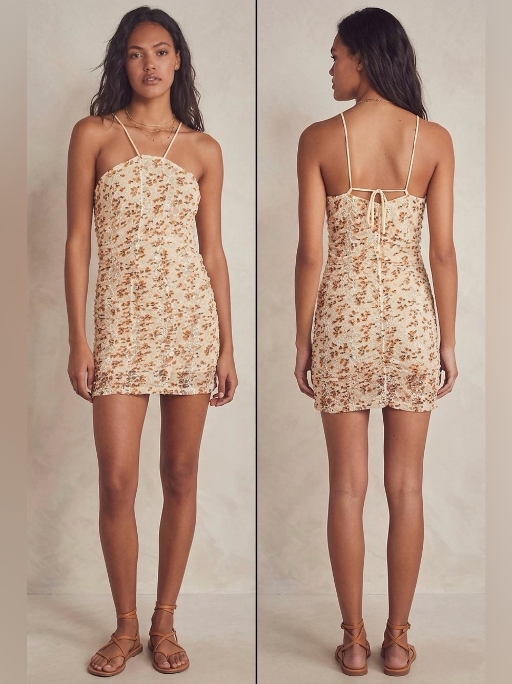 Free People Pucker Up Floral Ruched Mesh Mini Dress Large NWOT Ivory Yellow